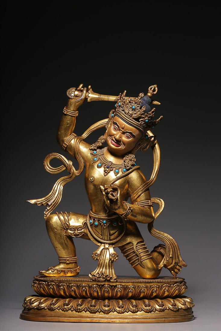 CHINESE MIXED GEMSTONES-INLAID GILT-BRONZE FIGURE, 'BU DONG MING WANG': Height: 36.5cm, Length: 26.5cm, Width: 11.5cm. Weight: 7.35kg Description Statement: Any description statement is given as a courtesy to a client, is an opinion and should not be treated as a statemen