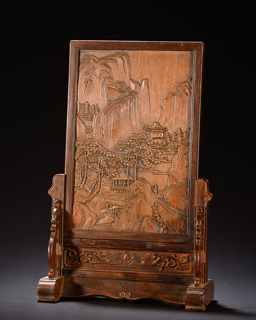 CHINESE BAMBOO-EMBELLISHED REDWOOD TABLE SCREEN, 'LANDSCAPE' AND 'POEM', 'ZHU JUN REN QI' MARK: Height: 29cm, Width: 18cm. Weight: 568g Description Statement: Any description statement is given as a courtesy to a client, is an opinion and should not be treated as a statement of fact and Merces G