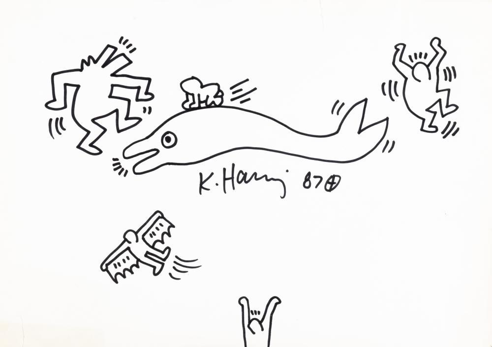 KEITH HARING (1958-1990) - Dauphin et personnages, 1987: KEITH HARING (1958-1990) Dauphin et personnages, 1987 Feutre sur papier. Signé et daté au milieu. Vilt op papier. Gesigneerd en gedateerd in het midden. 29,5 x 42,5 cm Provenance: Provenance/Herkoms
