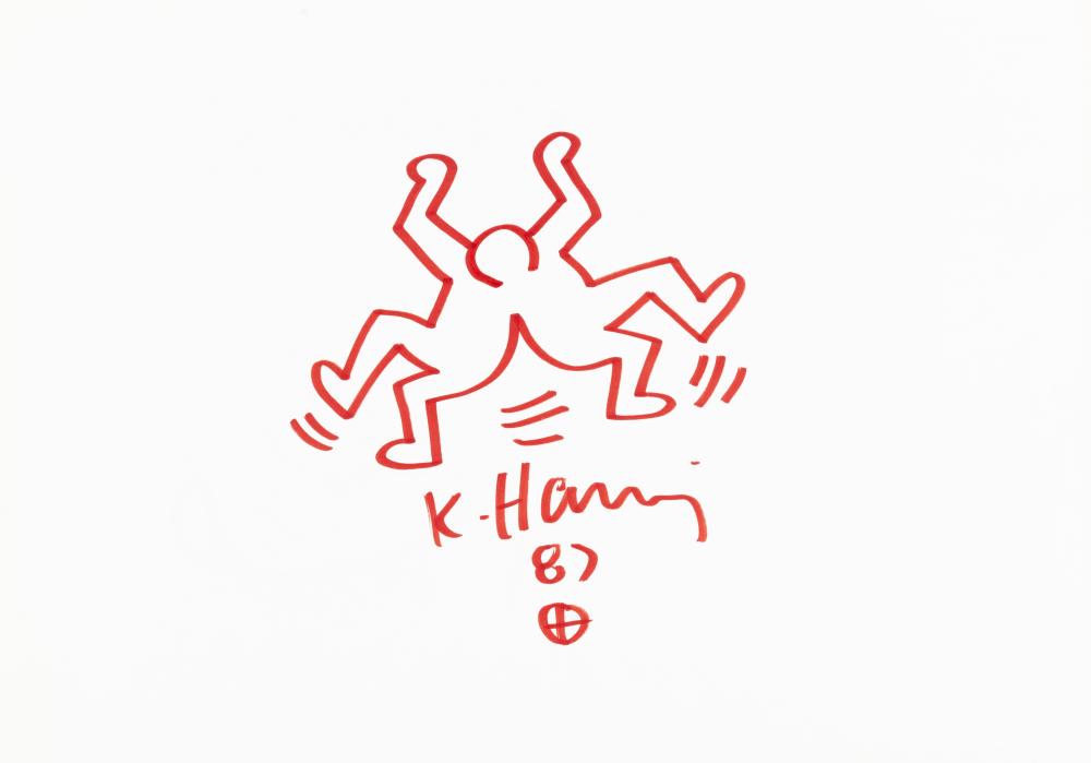KEITH HARING (1958-1990) - Sans titre, 1987: KEITH HARING (1958-1990) Sans titre, 1987 Feutre rouge au dos d’une affiche de la galerie 121 à Anvers. Signé et daté au milieu. Rood vilt op de achterkant van een poster van galerie 121 in Antwe