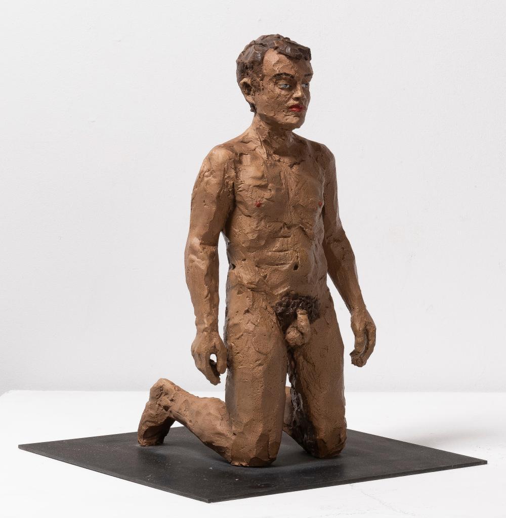 STEPHEN BALKENHOL (né en 1957) - Kniender Mann, 2012.: STEPHEN BALKENHOL (né en 1957) Kniender Mann, 2012. Bronze peint. Edition 4/24. Signé, daté et numéroté sous la terrasse. Brons geschilderd. Editie 4/24. Getekend, gedateerd en genummerd onder he