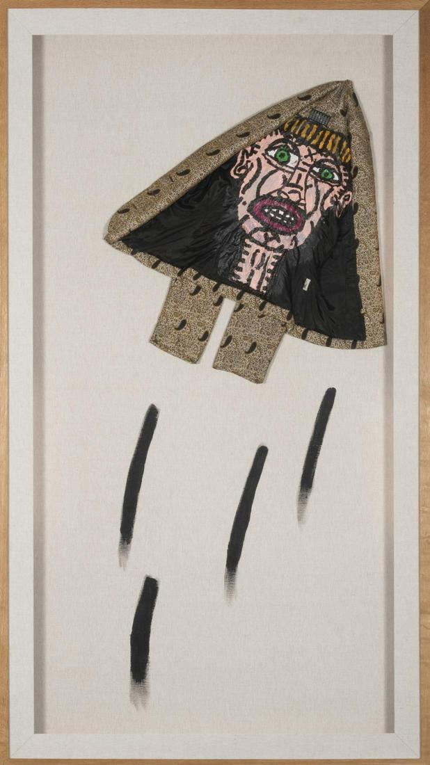 ROBERT COMBAS (né en 1957) - Au-revoir, 1999: ROBERT COMBAS (né en 1957) Au-revoir, 1999 Habit peint. Acrylique sur une veste collée sur panneau. Encadrement lumineux. Geschilderd pak. Acryl op een jasje gelijmd op paneel. Verlicht frame. 195 x