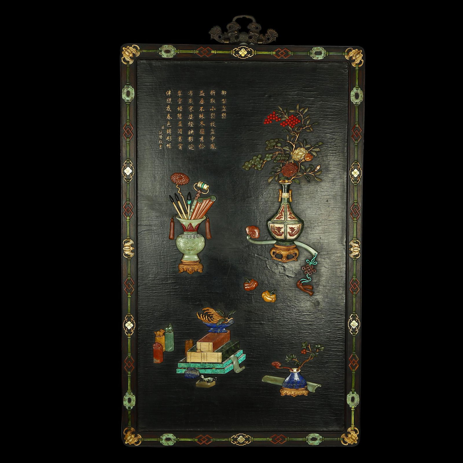 A FINE HARDSTONE-INLAID WOOD PANEL,QING DYNASTY (1 of 6)