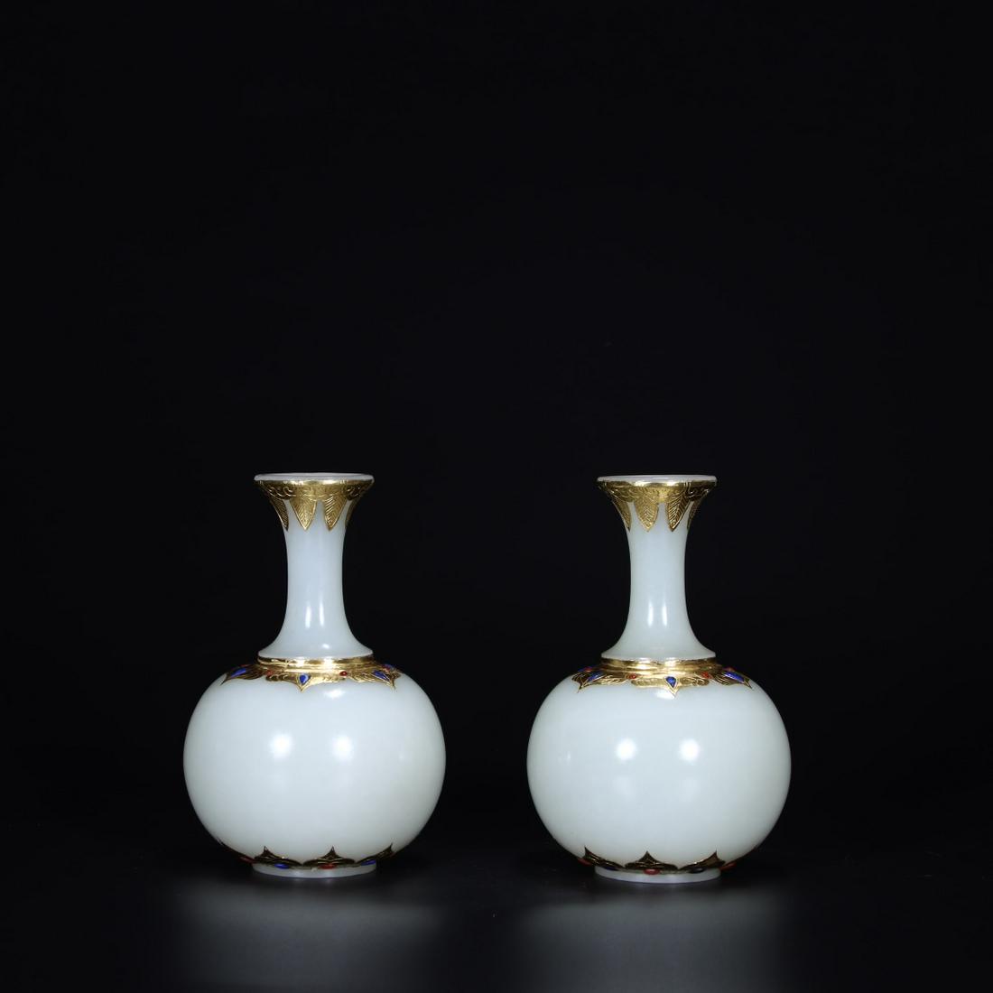A PAIR OF GOLD-INLAID HETIAN JADE VASES,QING DYNASTY (1 of 9)