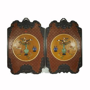 A PAIR OF HARDSTONE-INLAID WOODEN PANELS: A PAIR OF HARDSTONE-INLAID WOODEN PANELS L:90cm W:61cm