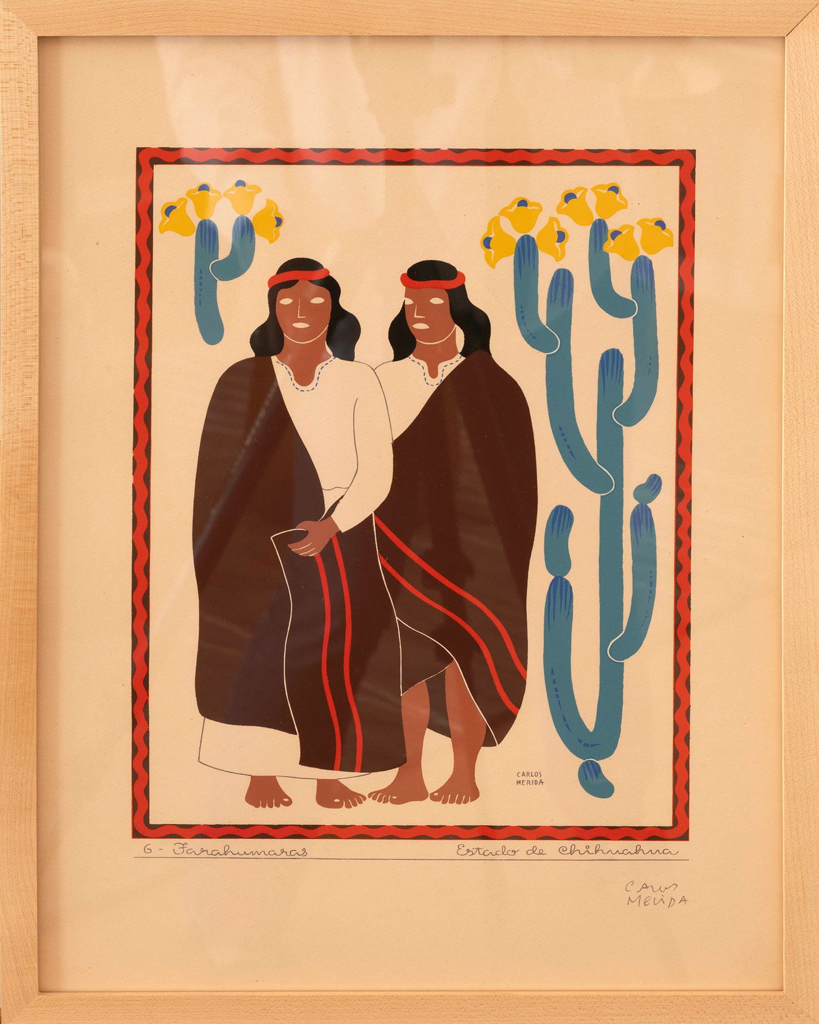 CARLOS MERIDA (Mexican 1891-1984) A PRINT: CARLOS MERIDA (Mexican 1891-1984) "Farahumaras Estado de Chihuahua" Colored screenprint Signed lower right in pencil Sight: 12 1/4 x 9 1/4 inches Frame: 18 1/4 13 1/2 inches Acquired from Hecho a Mano