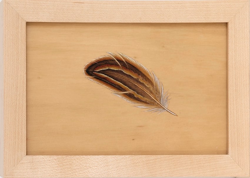 JETT BRUNET (American born 1964) A PAINTING: JETT BRUNET (American born 1964) Feather Oil on board Signed, dated and dedicated on back "Thank you for your support" 3 3/4 x 5 7/8 inches Framed: 5 x 7 1/4 inches Exhibited in "Birds In Art," 2019 P