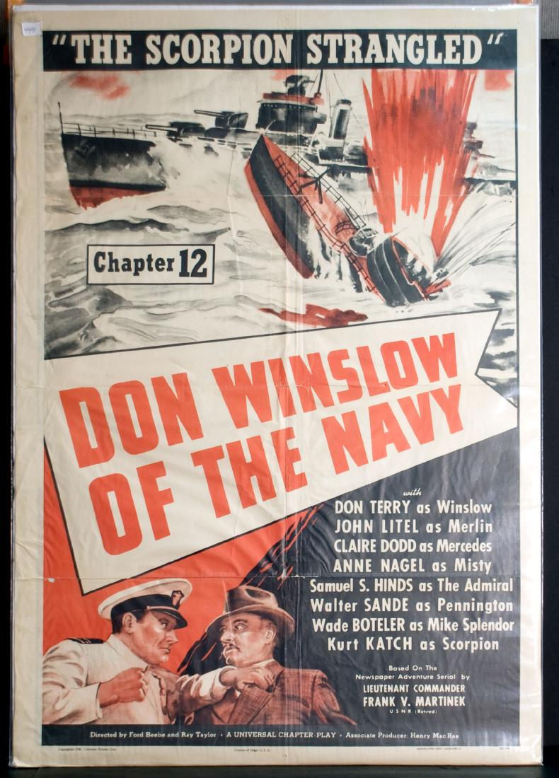 Movie - Don Winslow of the Navy - The Scorpion: Don Winslow of the Navy - The Scorpion Strangled - 1941 Universal. Starring Don Terry and Walter Sande. Chapter 12 of 12 Chapters. 27" x 41".
