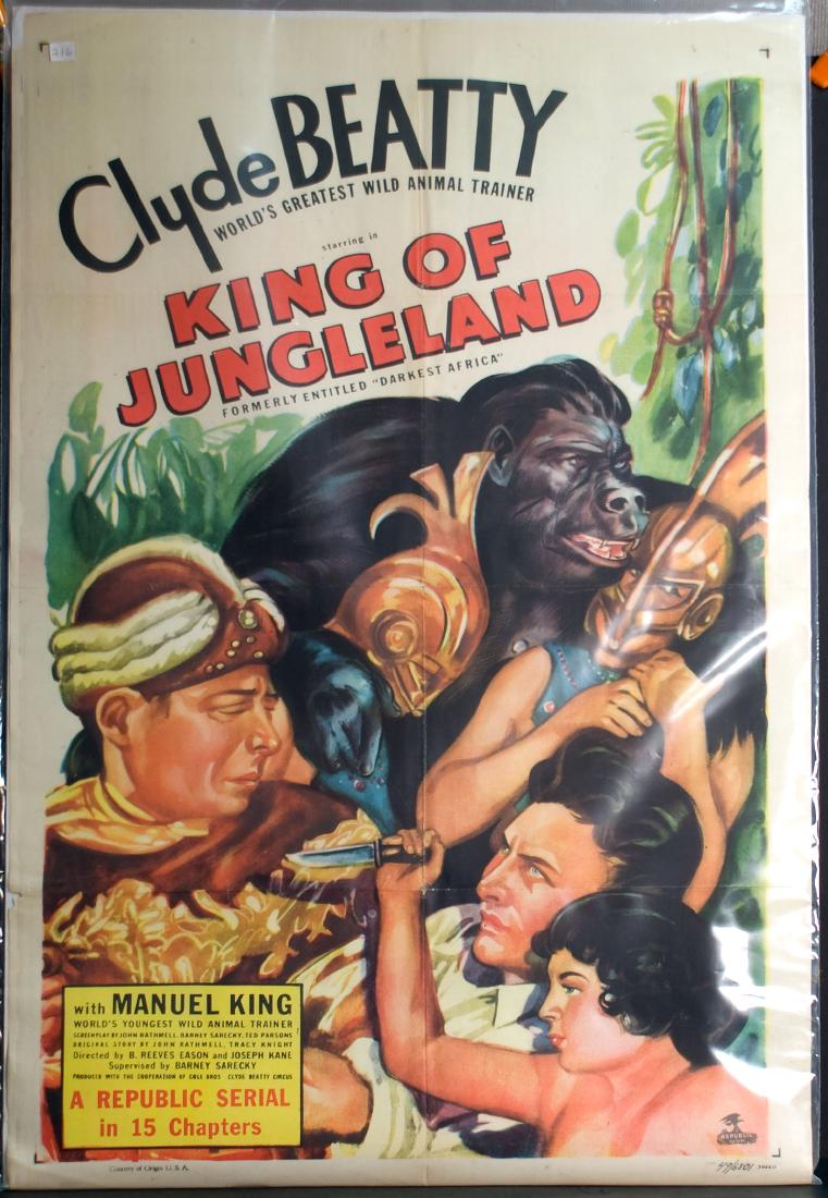 Movie - King of Jungleland: King of Jungleland - 1949 Republic. Starring Clyde Beatty. Top left edge missing. 27" x 41".