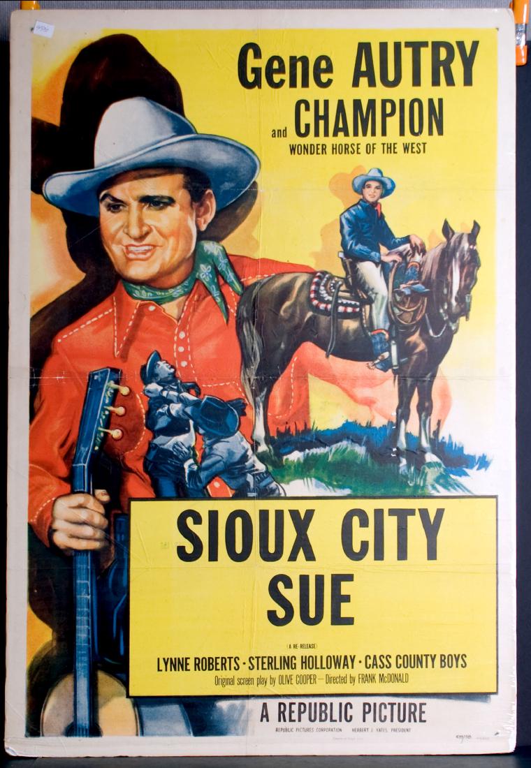 Movie - Sioux City Sue: Sioux City Sue - Starring Gene Autrey & Champion. Re-release. Mounted/glued on board. 27" x 41".