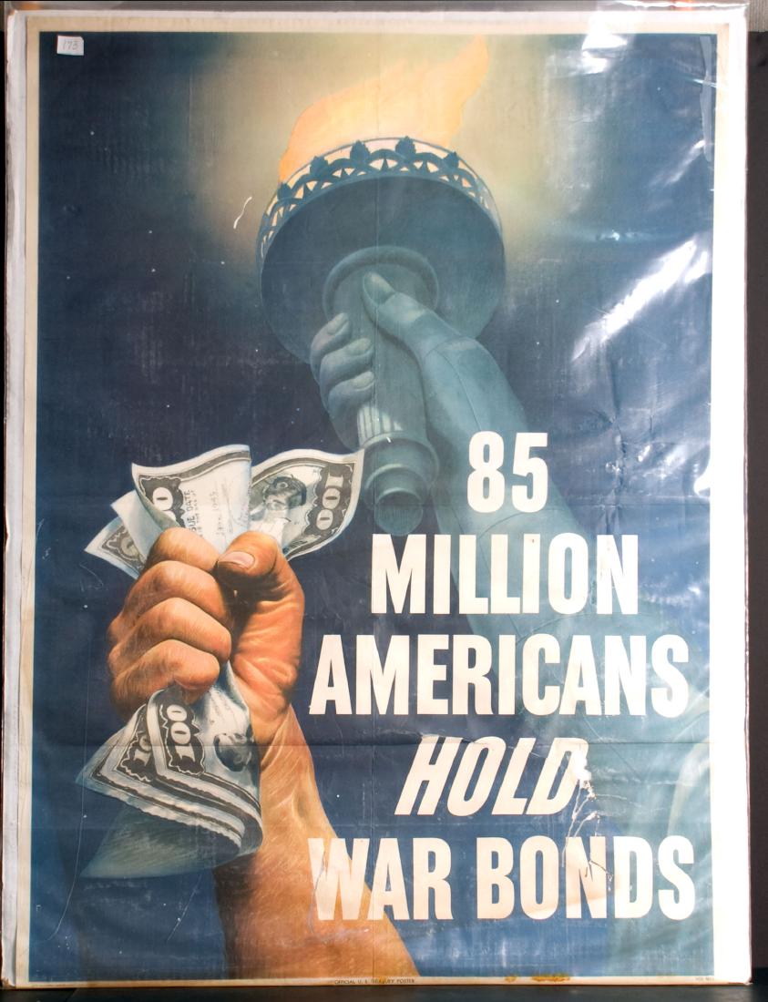 War - 85 Million Americans Hold War Bonds: 85 Million Americans Hold War Bonds - Fist holding money and Statue of Liberty. 28.5" x 40".