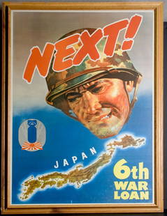 War - Next! 6th War Loan - Soldiers Face over Japan: Next! 6th War Loan - Soldiers Face over Japan - 32" x 43" (framed).