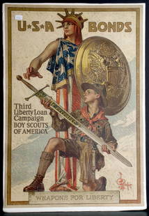 War - USA Bonds  Third Liberty Loan Campaign Boy Scouts: USA Bonds Third Liberty Loan Campaign Boy Scouts of America -Weapons for Liberty - J.C. Leyendecker. Linen backed. 20x30.5