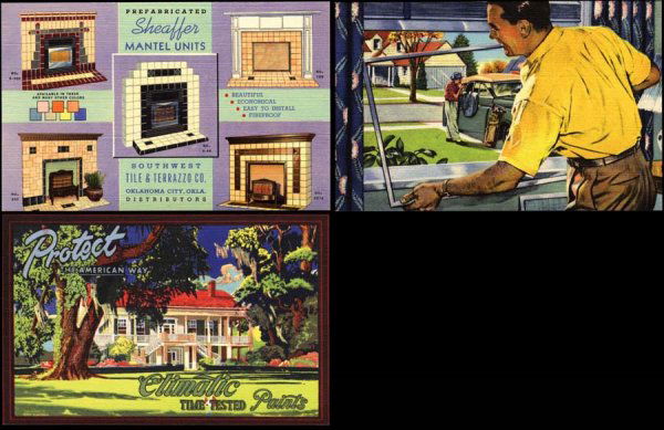 Advertising Postcard, Curt Teich Archives, Househol: Seven postcards relating to the home, including paint, window replacement, fireplace mantels, ash tray, Tom and Jerry set, wastebaskets, and the Oster Blender. These are all