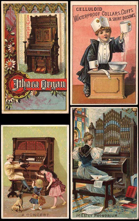 Mixed Lot of Trade Cards : About 90 cards, 27 relating to pianos and organs, 26 die-cut shapes, four veggie people, five booklets and about 20 miscellaneous.