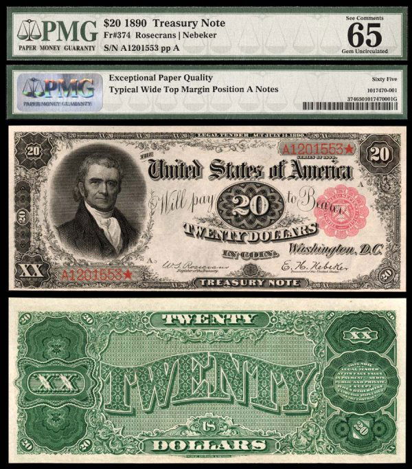 Treasury Notes Fr. 374 $20 1890 This is th: Treasury Notes Fr. 374 $20 1890 This is the John Marshall note with the ornate-back design and the last of this kind with the small red scalloped seal and Rosecrans-Nebeker Treasury signatures. None o