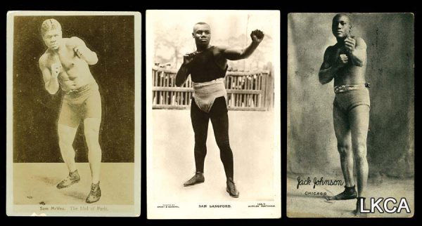 Black Boxers RPPCs Sam Langford and Sam Mc: Black Boxers RPPCs Sam Langford and Sam McVea. Lot includes printed photo of Jack Johnson. All unused, vintage backs. 3