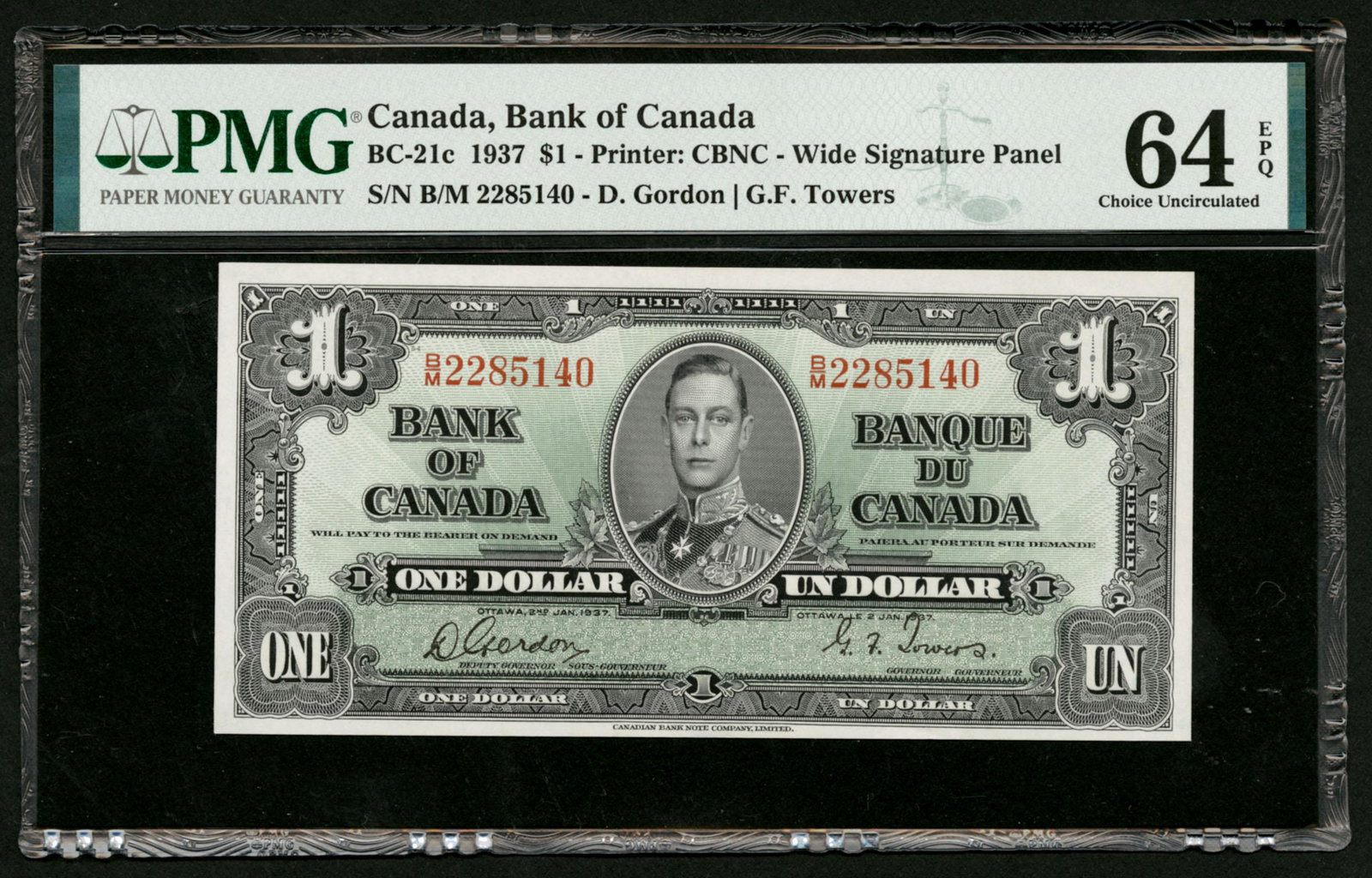 58d/BC-21c 1 Dollar 2.1.1937: King George VI. Signatures Gordon and Towers. PMG terms this "Ch. UNC 64 EPQ". Fresh original Unc. Grade: PMG Ch. UNC 64 EPQ Country: Canada Type/State: Bank of Canada
