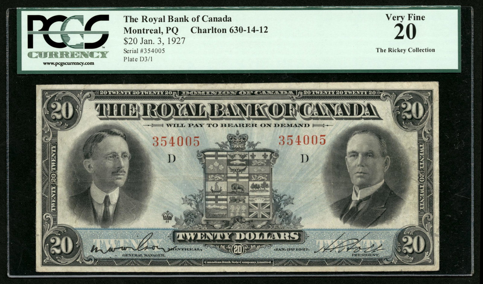 S1385/CH 630-14-12 20 Dollars 3.1.1927: Wilson signature at left. PCGS terms this "VF 20 Rickey Collection". Grade: PCGS VF 20 Country: Canada Type/State: Royal Bank of Canada