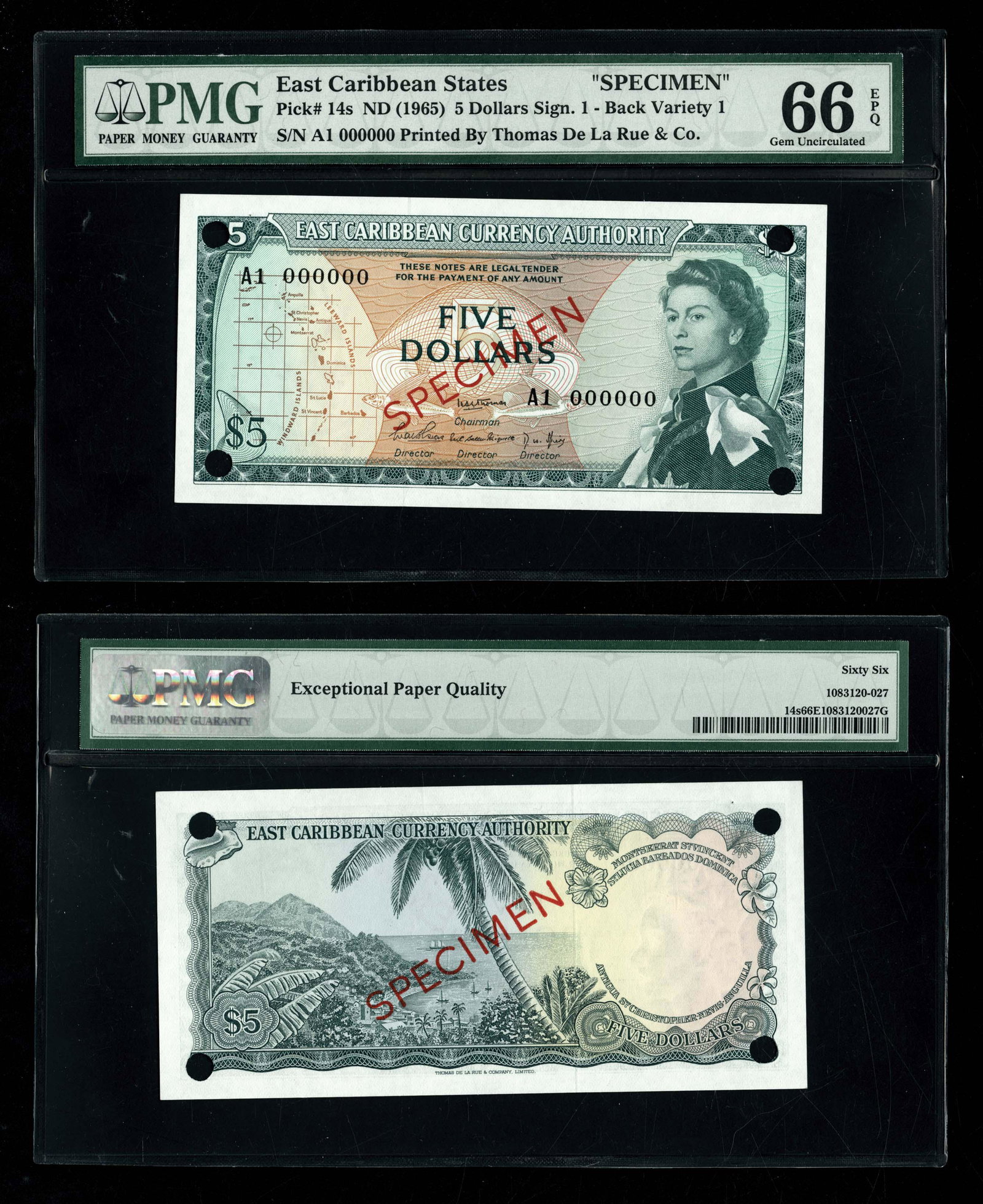 14s 5 Dollars ND (1965): SPECIMEN stamped in red on face and back; punch cancelled at all four corners, serial number of zeroes. Queen Elizabeth II. Signature combination 1. PMG terms this "Gem UNC 66 EPQ". Grade: PMG Gem UNC