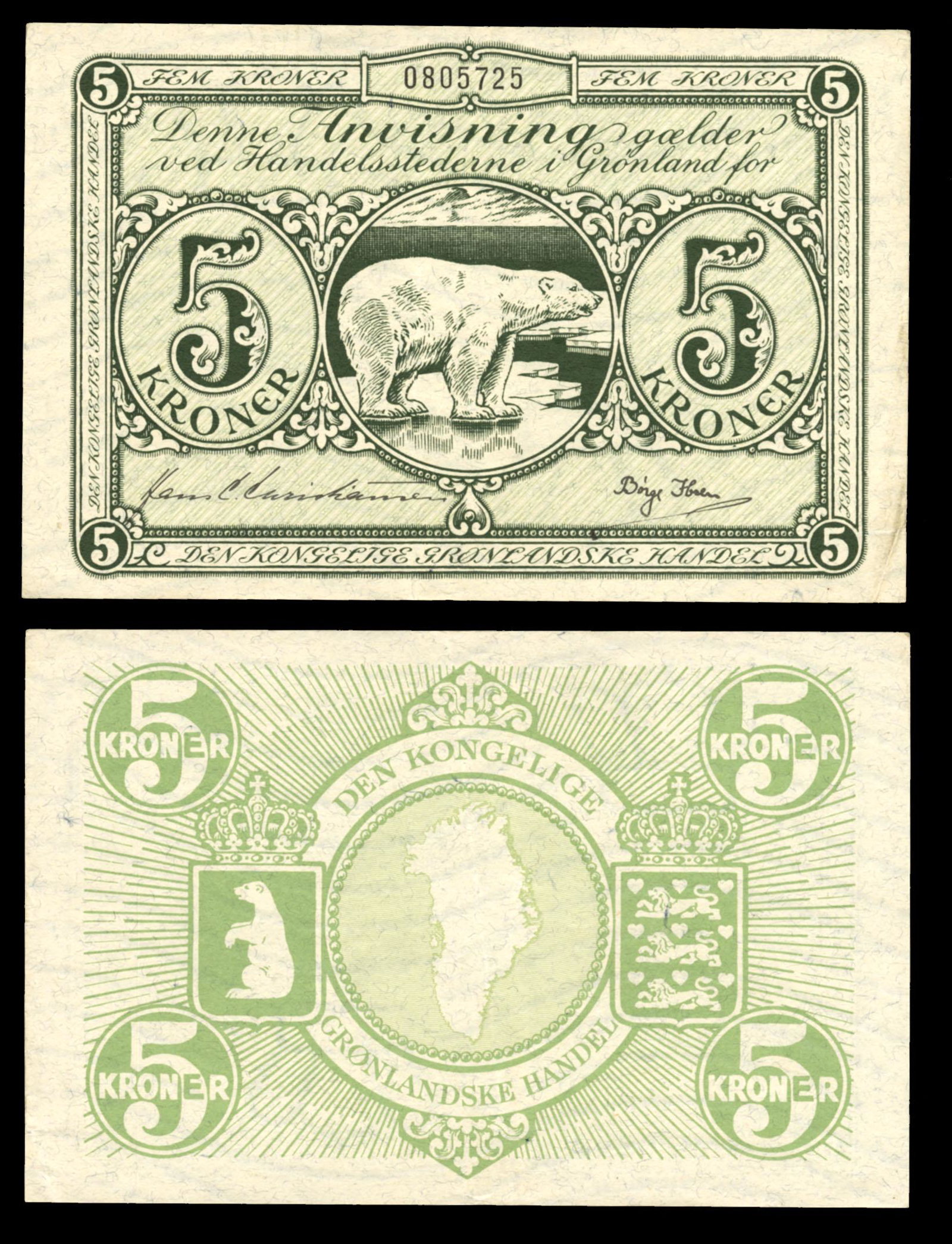 18a 5 Kroner ND (1953-67): Later polar bear type. Solid original. Grade: VF+ Country: Greenland Type/State: Den Kongelige Gronlandske Handel