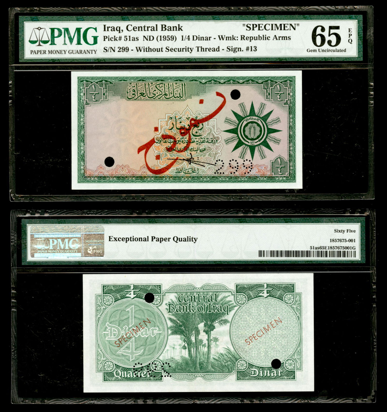 51as 1/4 Dinar ND (1959): SPECIMEN (#299 perforated) stamped in red in Arabic on face and twice in English on back; punch cancelled, without serial number. PMG terms this "Gem UNC 65 EPQ"; second of only three on the populatio