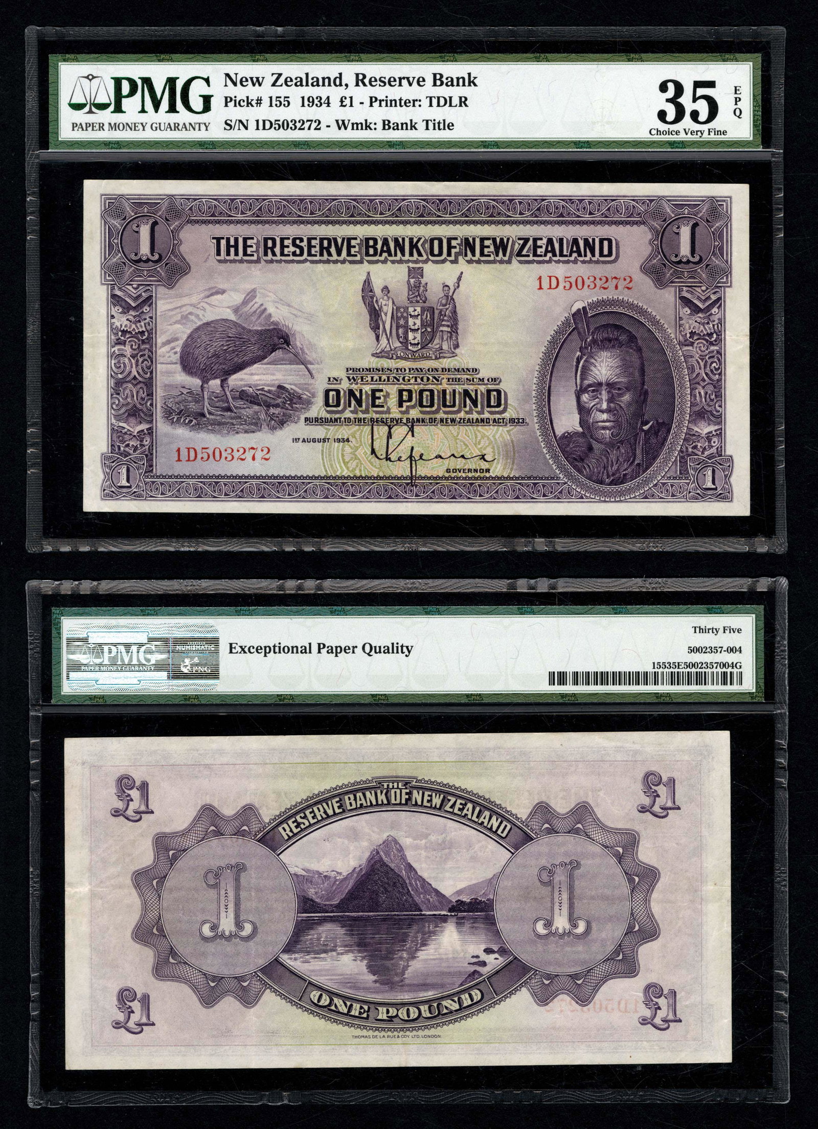 155 1 Pound 1.8.1934: Kiwi bird and Maori King Tawhiao. PMG terms this "Ch. VF 35 EPQ". Strong original. Grade: PMG Ch. VF 35 EPQ Country: New Zealand Type/State: Reserve Bank of New Zealand
