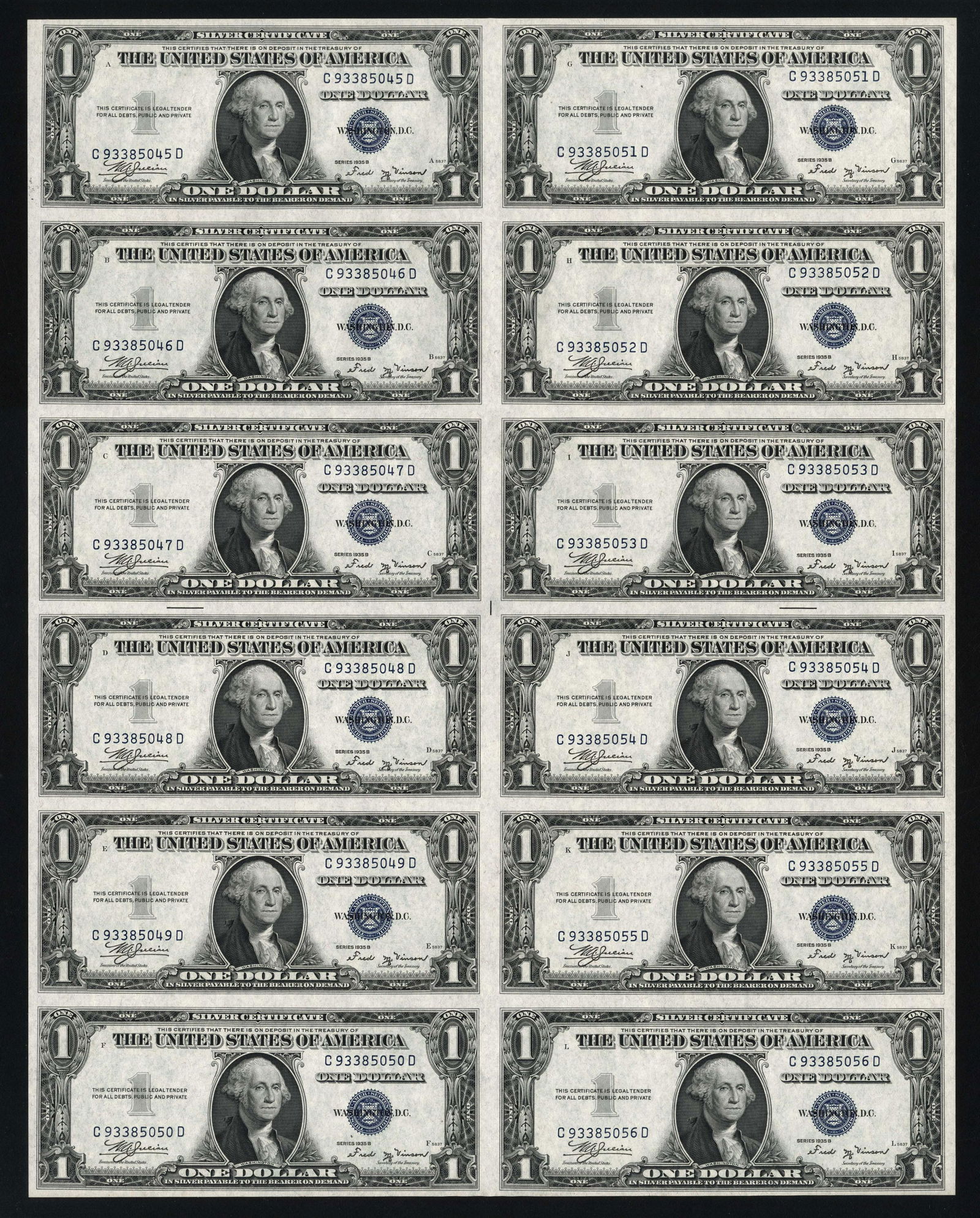 Fr. 1611 $1 1935-B C-C 12 Subject Uncut: There were 100 sheets set aside to be offered for sale as sheets. This sheet was last offered in November 1982, Lot 779, in the R.K. Hoffman Collection in Chicago. Type/State: Silver Certificates
