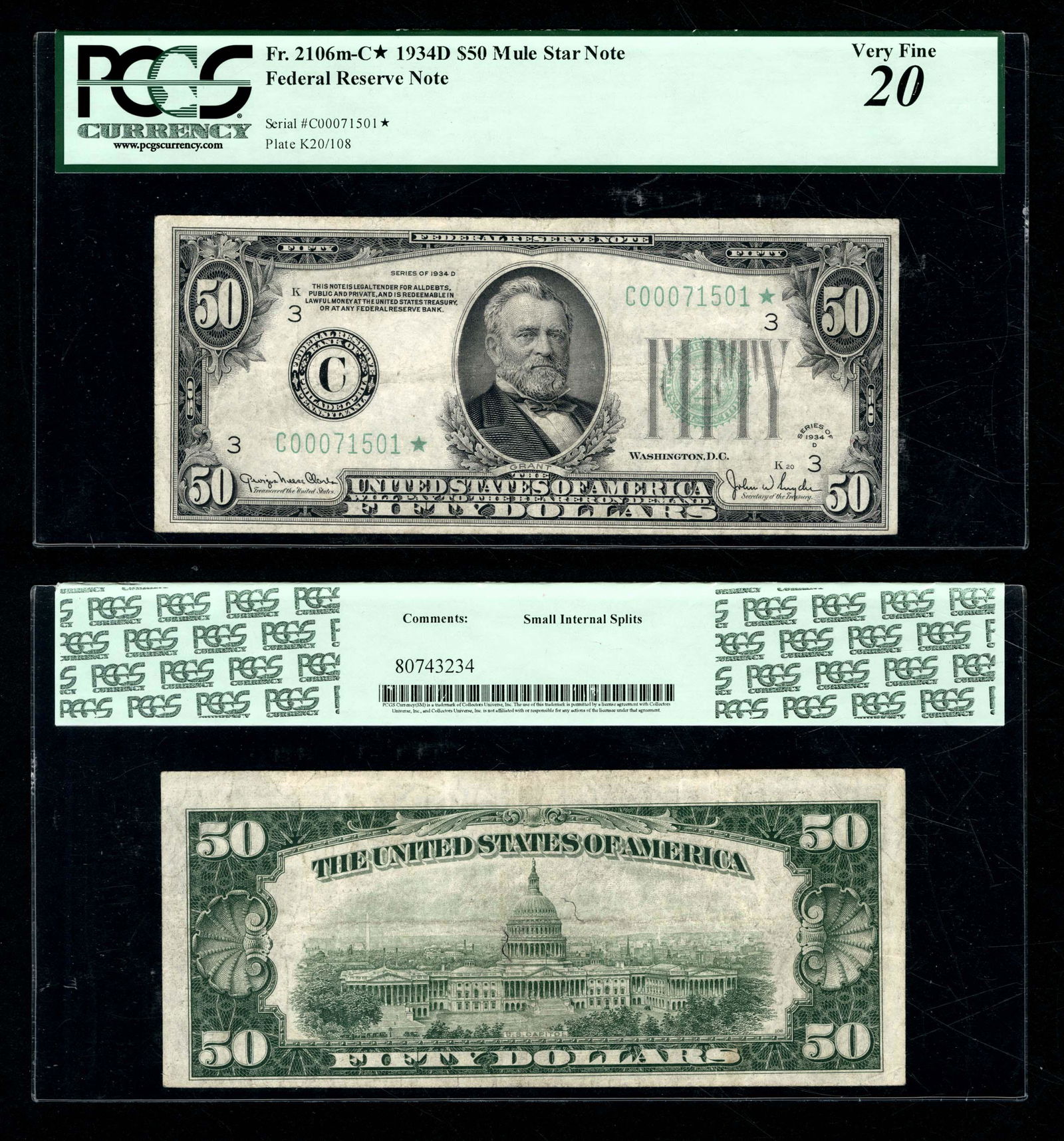 Fr. 2106-C* $50 1934-D* Mule Philadelphia: A rare star with only a handful of examples having been seen by both grading services, the finest of which is XF 40. PCGS notes: small internal splits. This note first sold at auction two years ago fo