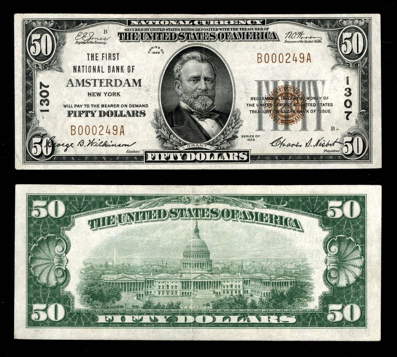 Amsterdam, First NB, 1307 Fr. 1803-1 $50 1929T1: A lovely, high grade $50 and 1 of only 25 small notes reported. This beauty is one of six small $50s reported. Beautiful quality. Type/State: New York