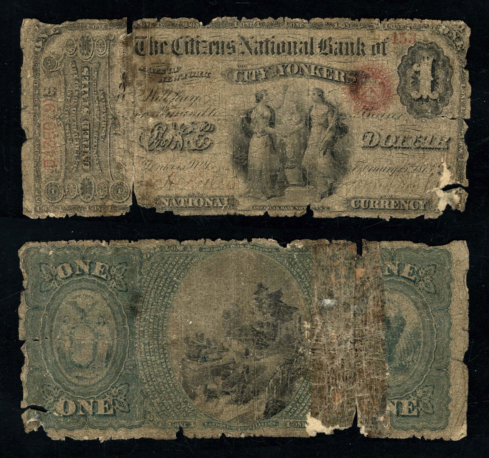 Yonkers, Citizens NB, 2074 Fr. 380 $1 Original: This note is close to being worn out with its flaws and light signatures, but it's not yet. This Westchester County bank has just eight large notes recorded and this is the only Ace. Frank Levitan wou