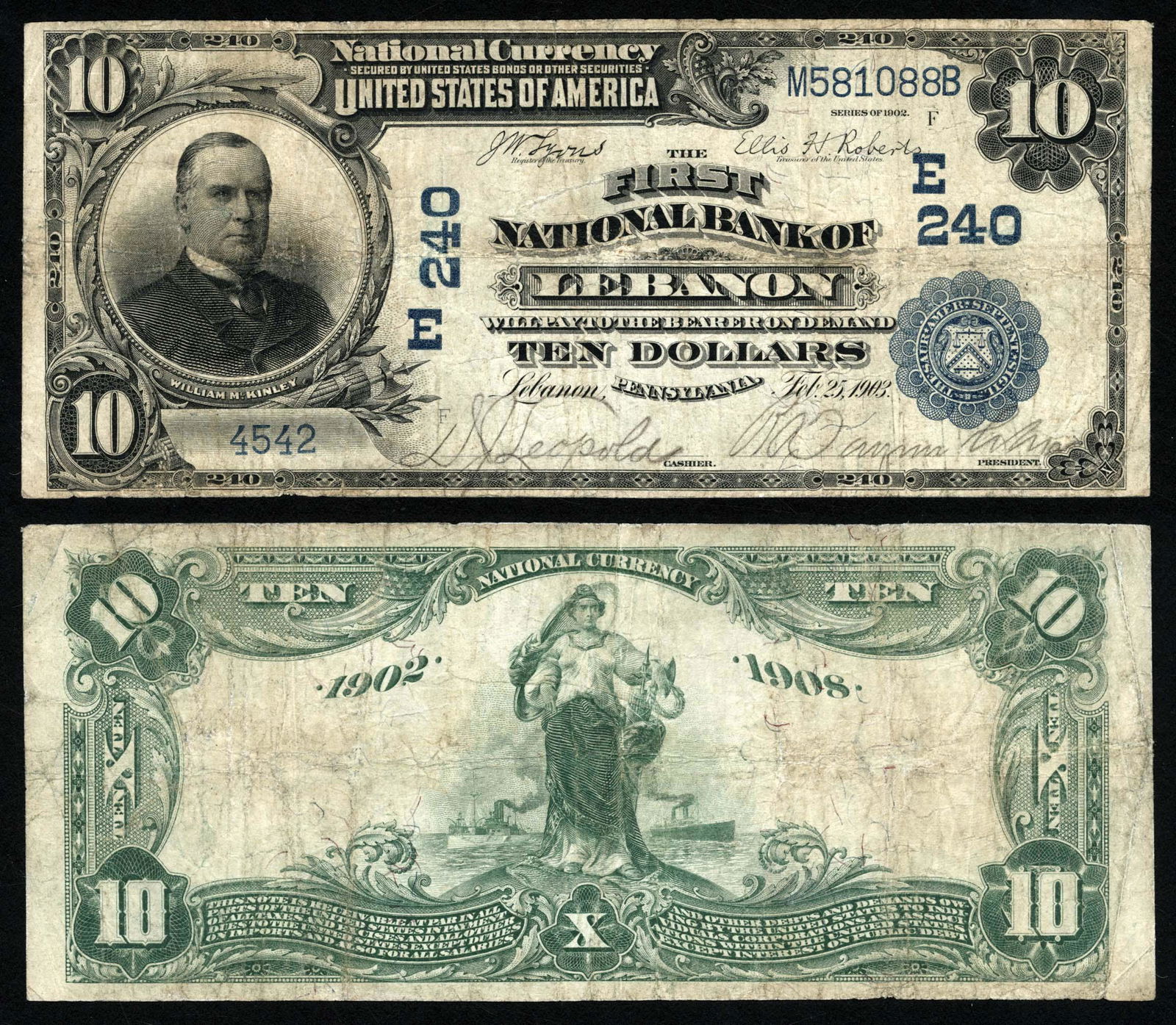 Lebanon, First NB, E240 Fr. 616 $10 1902DB: A scarce note with excellent signatures. It's been nearly a decade since anything better than a 'dog' was offered. Type/State: Pennsylvania