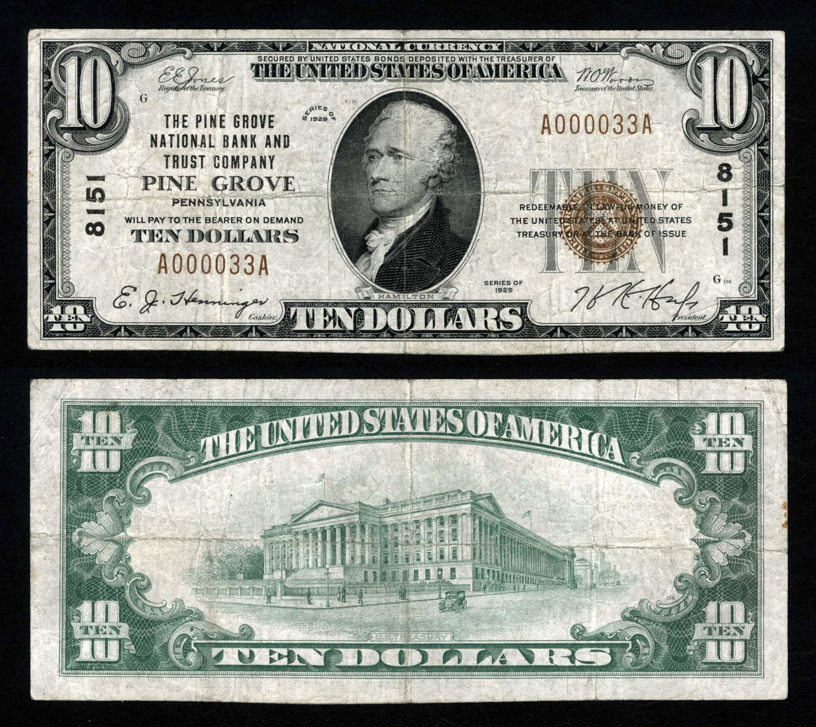 Pine Grove, NB, 8151 Fr. 1801-2 $10 1929T2: This becomes the third known Type 1 $10 on the bank's second title. Type/State: Pennsylvania