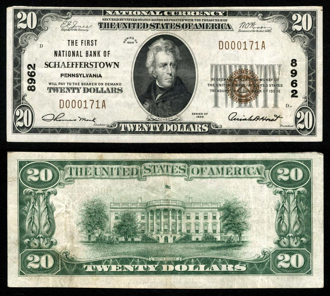 Schaefferstown, First NB, 8962 Fr. 1802-1 $20: A very tough small size bank with only seven recorded and a seldom seen location for sure. In 2001 I sold an AU for $1,105. Type/State: Pennsylvania