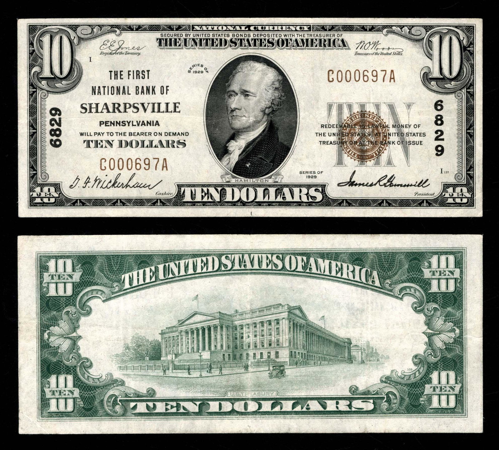 Sharpsville, First NB, 6829 Fr. 1801-1 $10 1929T1: A lovely, high grade note that looks even better than it is. Excellent quality and 1 of 29 small notes reported. Type/State: Pennsylvania