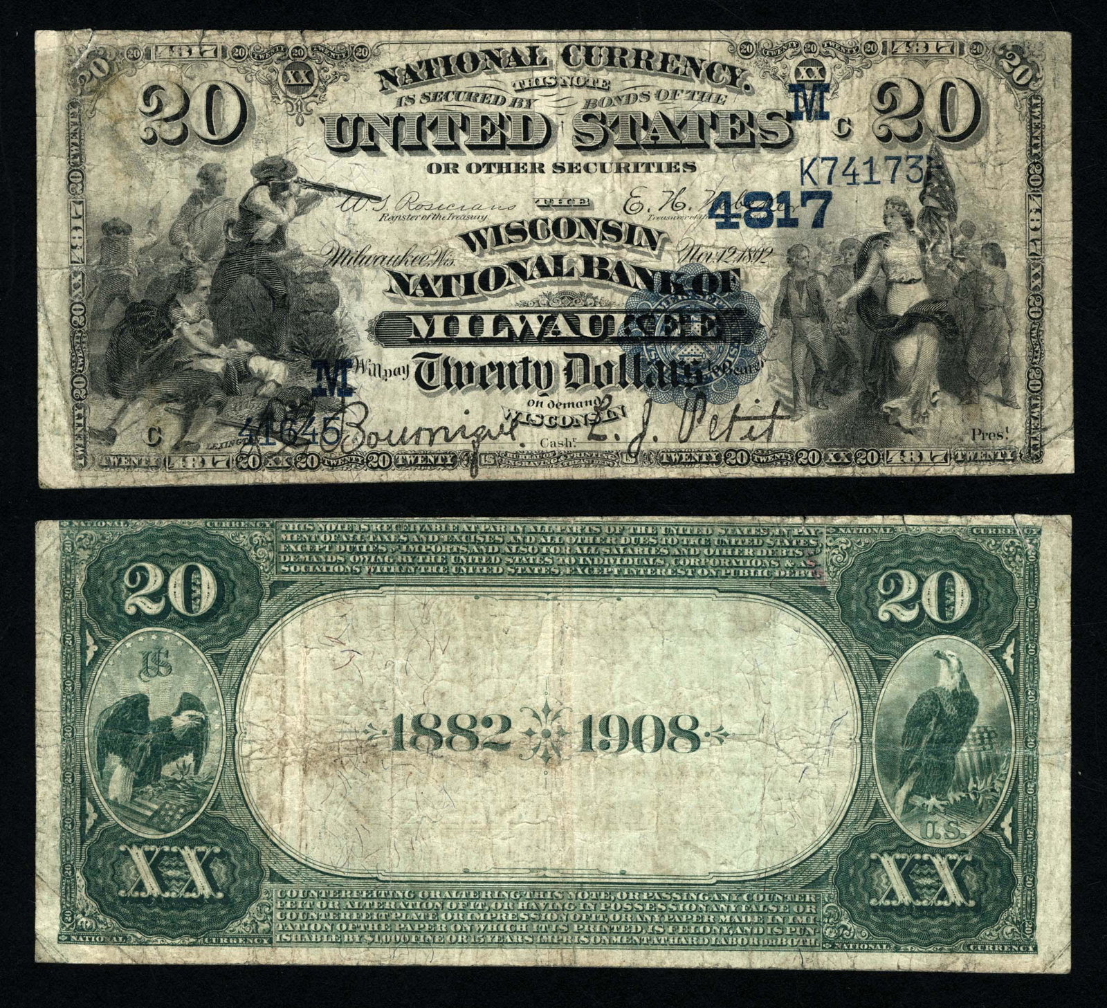 Milwaukee, Wisconsin NB, M4817 Fr. 550 $20 1882DB: A sharp, pleasing and well signed note from this prominent Milwaukee bank that has over 100 notes are recorded. Type/State: Wisconsin