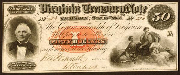 VA- $50 Virginia Treasury Note : CR7. This note came from the John Ford holdings and better quality is not available. This lot is a cut sheet of four notes, plates A, B, C and D.