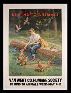 Be Kind to Animals Humane Society Poster: designed by Edwin Megargee, linen backed, 24x17, very good condition