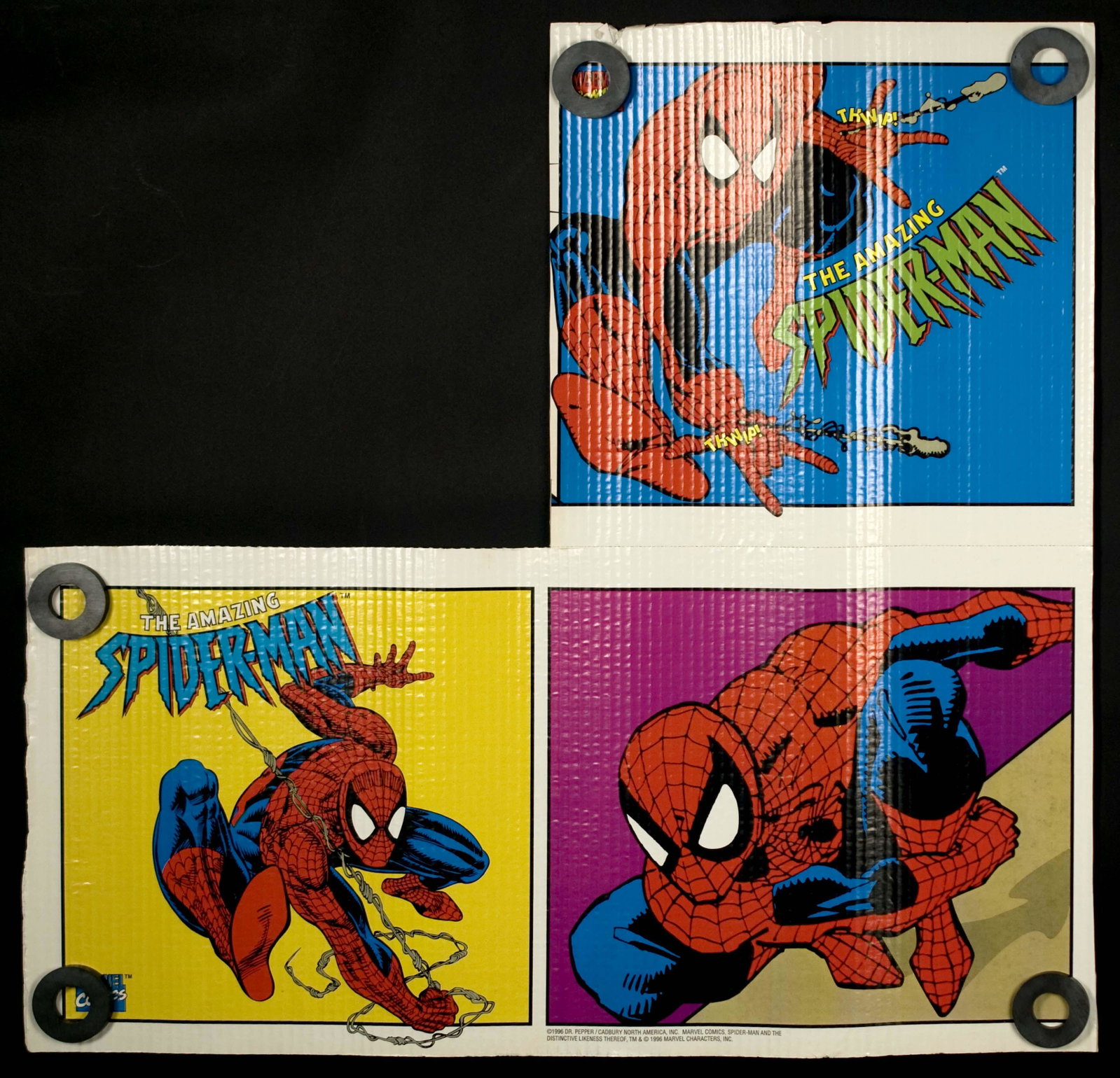 Loy of 4 1996 Spiderman Movie Posters: Four posters of the same : The Amazing Spiderman, four panel poster. Dated 1996. Printed on corrugated cardboard. Perforation at center. One has one panel removed, some cut unevenly on sides. Approx. 