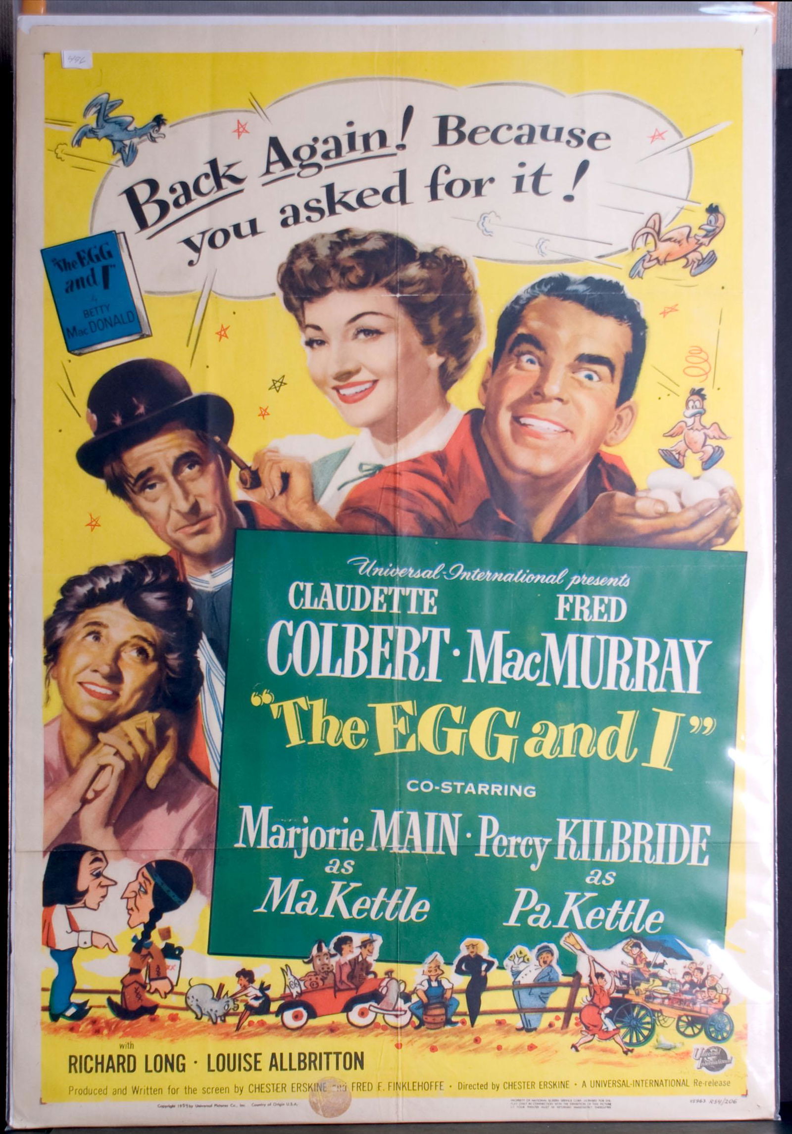 The Egg and I - Back Again Movie Poster: Starring Claudette Colbert and Fred MacMurray. Ma & Pa Kettle played by Majorie Main and Percy Kilbright. 27" x 41".