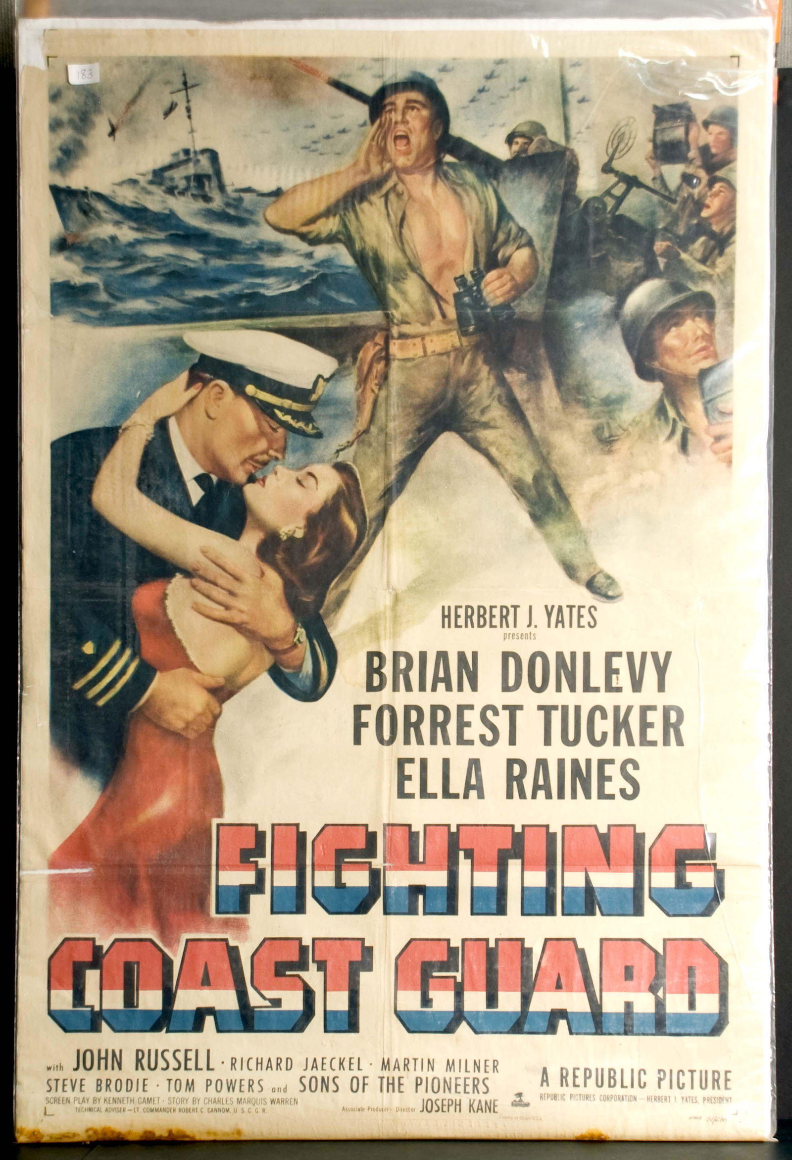Fighting Coast Guard Movie Poster: Starring Brian Donlevy, Forrest Tucker and Ella Raines. Rust stain on bottom right, out of image. 27" x 41".