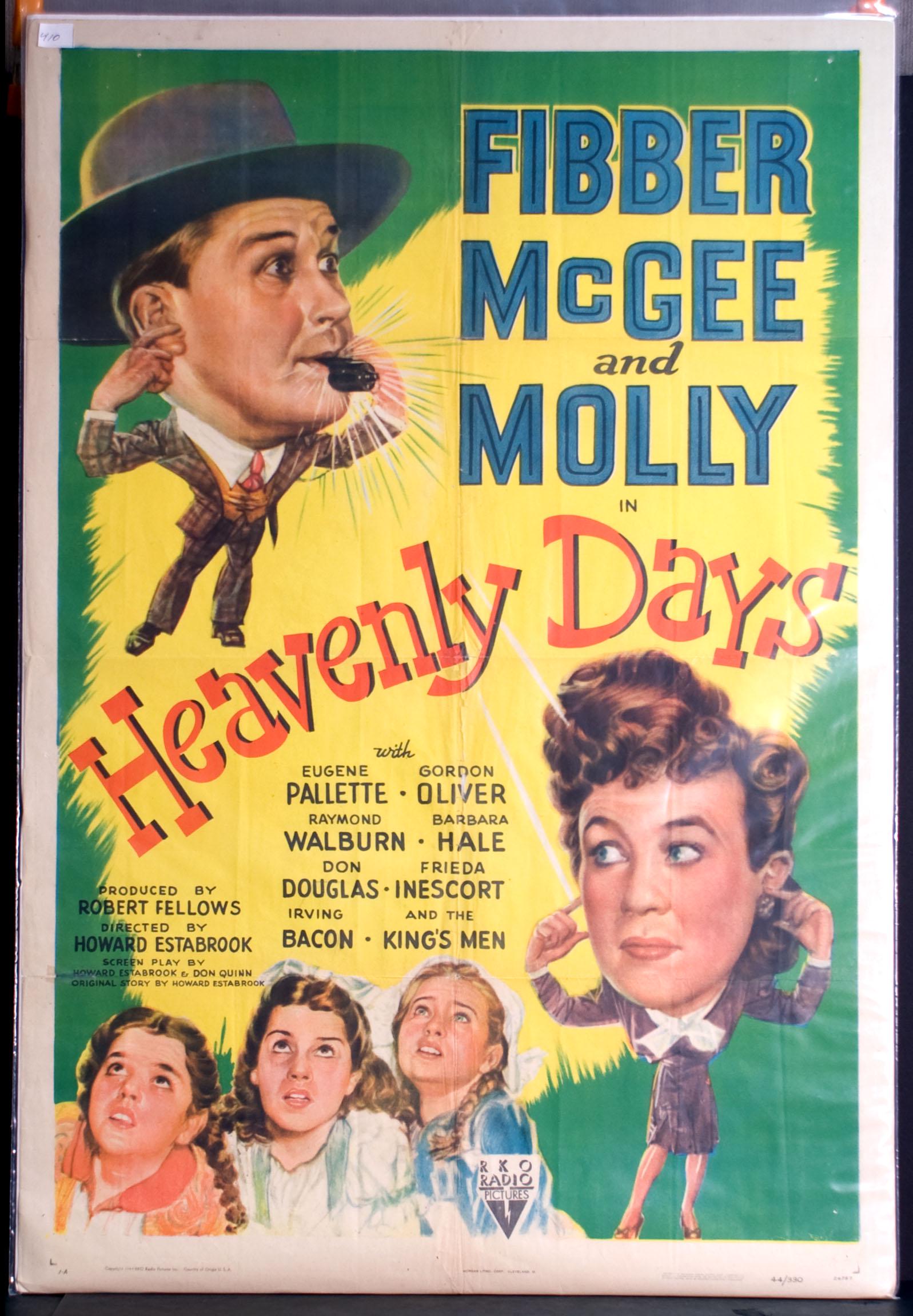 Heavenly Days Movie Poster: Starring Fibber McGee and Molly along with Eugene Pallette and Gordon Oliver. 27" x 41".