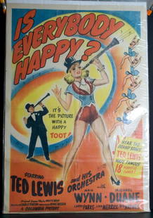 Is Everybody Happy? Movie Poster, 1944: 1944 Columbia. Starring Ted Lewis and Orchestra. 27" x 41".