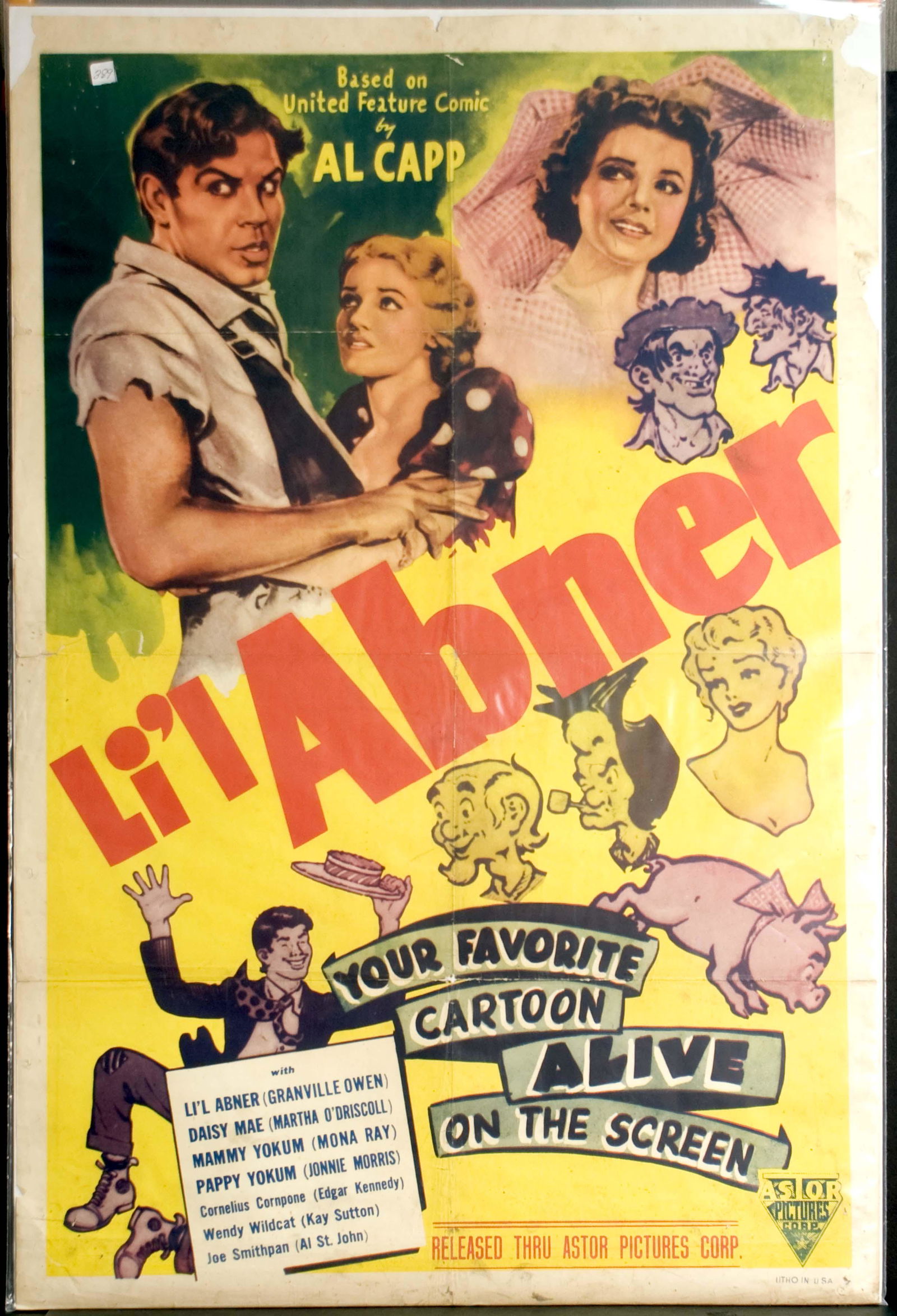Li'l Abner Movie Poster, 1947: 1947 Astor. Starring Buster Keaton and Martha O'Driscoll. Based on United Feature Comics by Al Capp. Re-release. Top corners missing. 27" x 41".