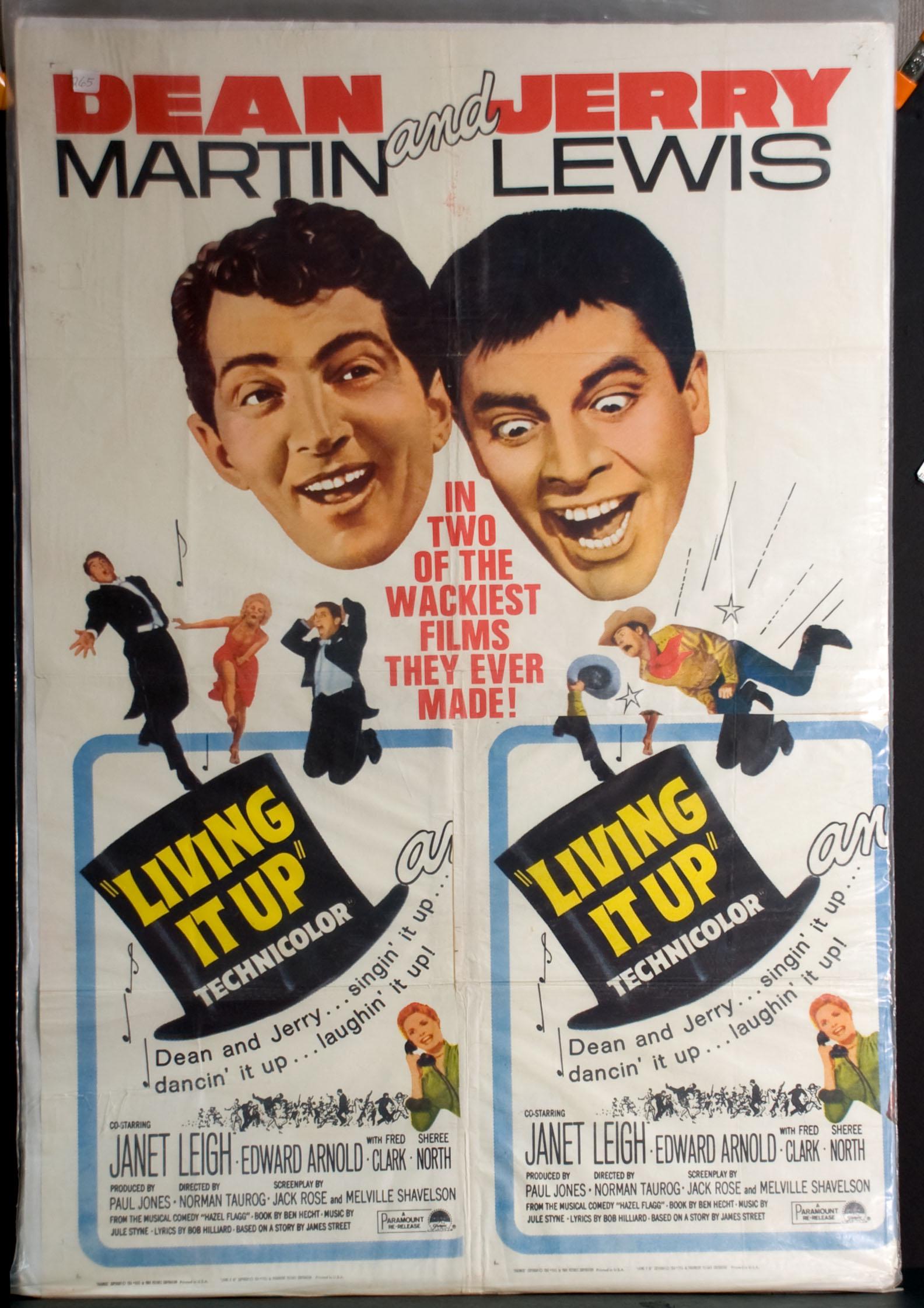 Living it Up Movie Poster, 1965: 1965 Paramount. Starring Dean Martin and Jerry Lewis. Re-release. 27" x 41".