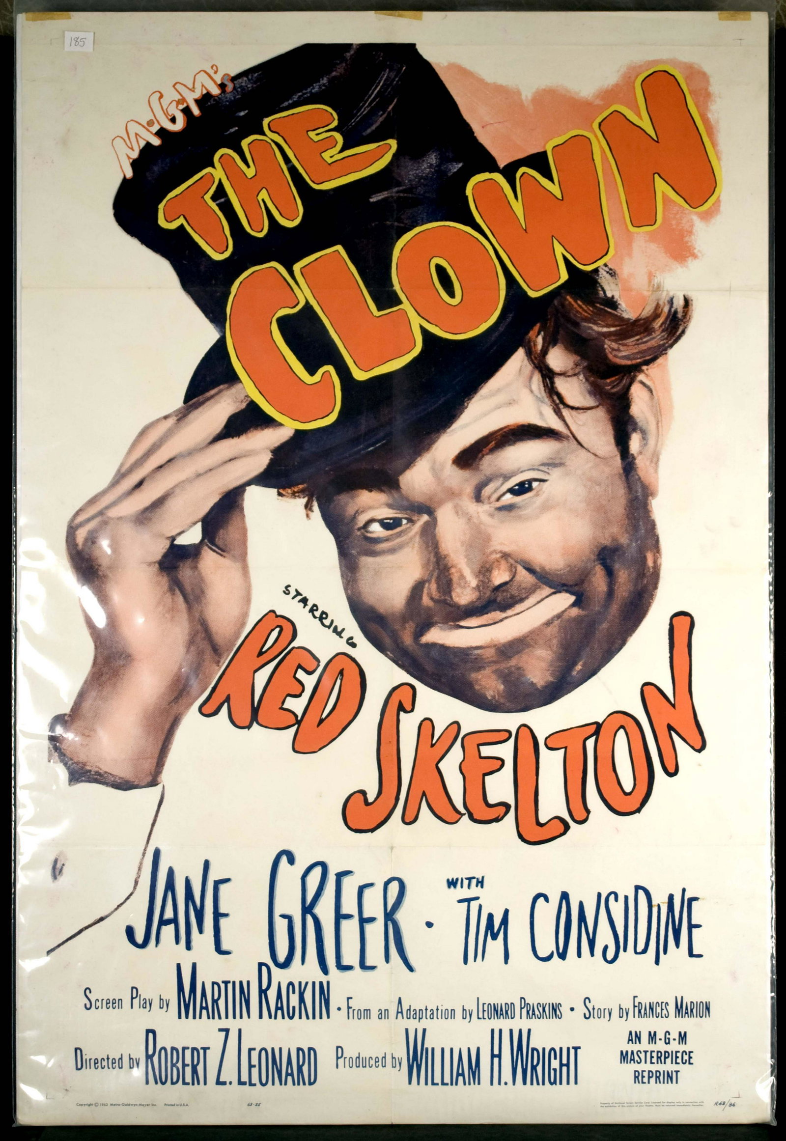 Red Skelton's The Clown Movie Poster: Starring Red Skelton. Tape at top, holes at top and bottom center on fold lines 27 x 41