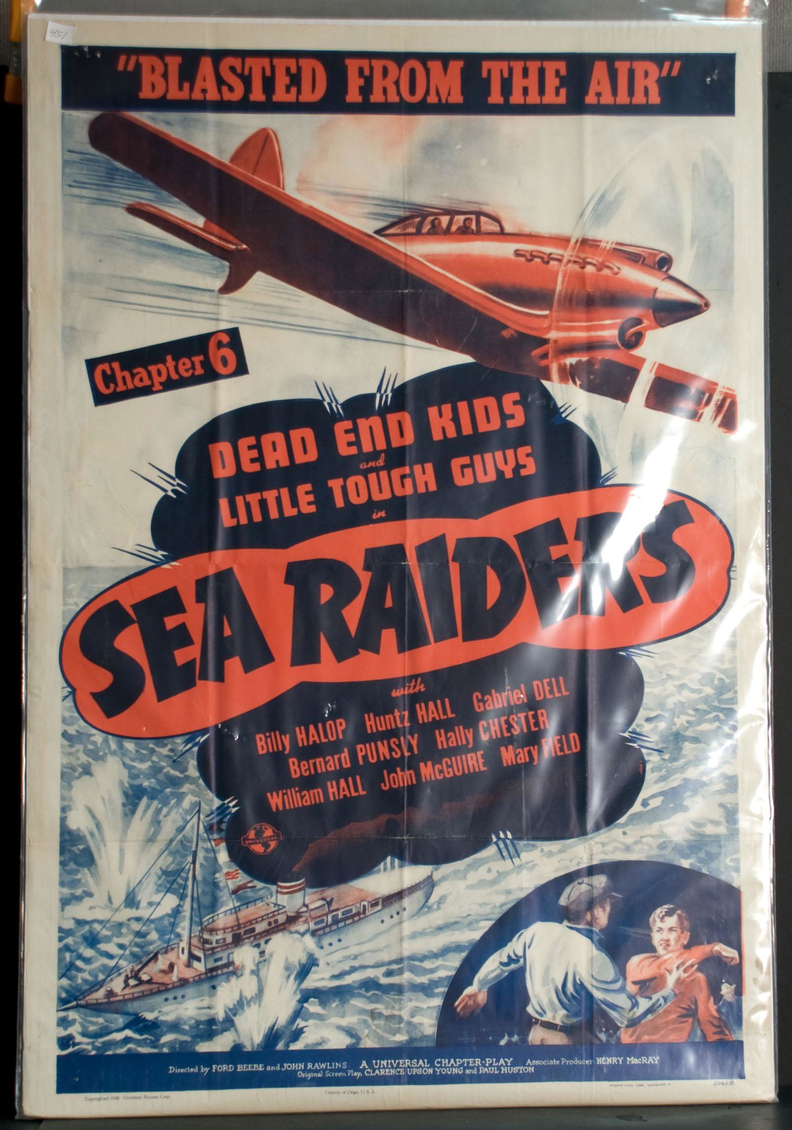 Sea Raiders - Blasted From the Air Movie Poster, 1941: 1941 Universal. Starring Billy Halop and Huntz Hall. Chapter 6 of 12 chapters. 27" x 41".