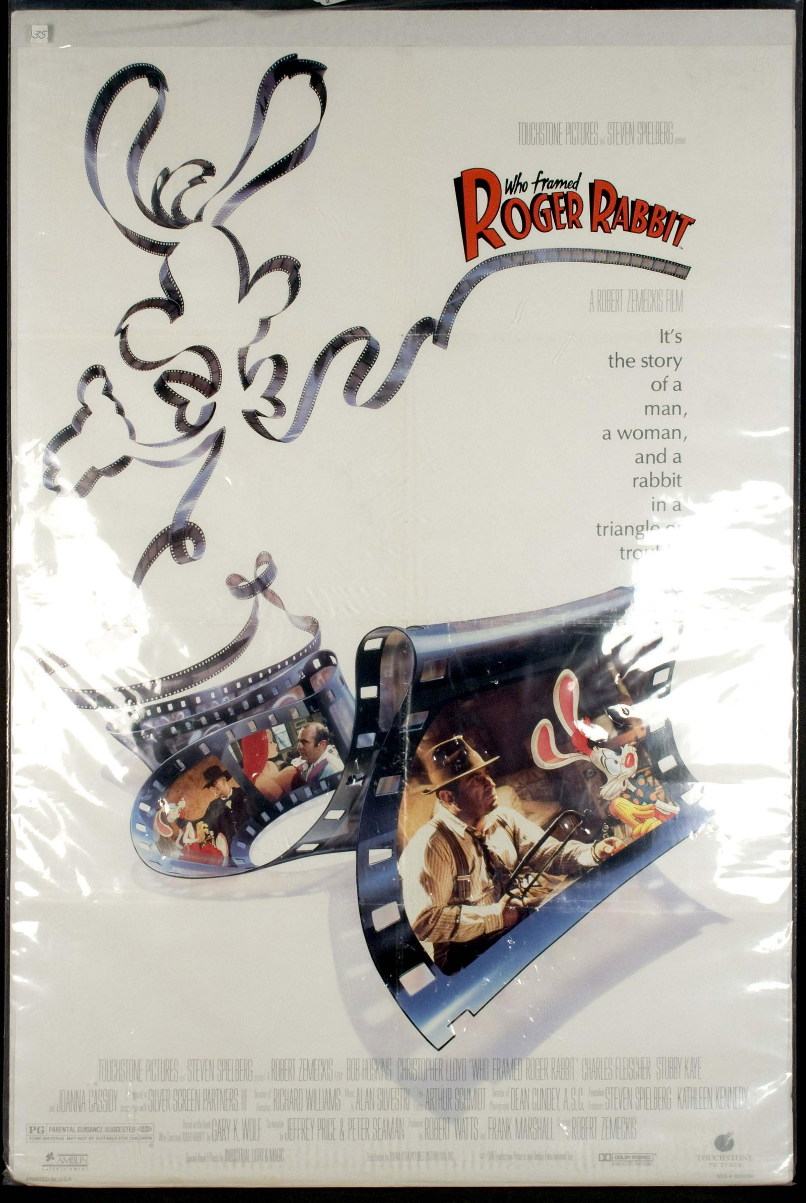Who Framed Roger Rabbit? Movie Poster, 1988: 1988 Touchstone. Starring Bob Hoskins and Christopher Lloyd. 27" x 39.5".