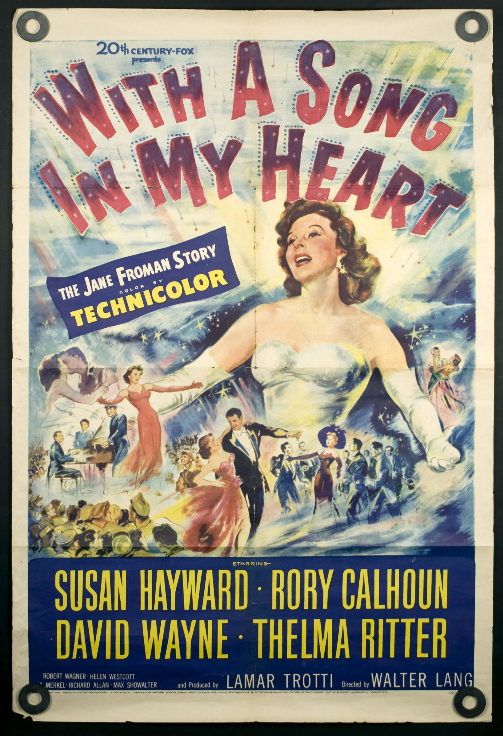 With a Song In My Heart Movie Poster: The Jane Froman story. Edge damage, splits and tears and holes, some repaired with tape on back. 27 x 41