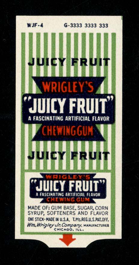 Wrigley's Juicy Fruit Single Stick Chewing Gum Wrapper: 2.5 X 1.25